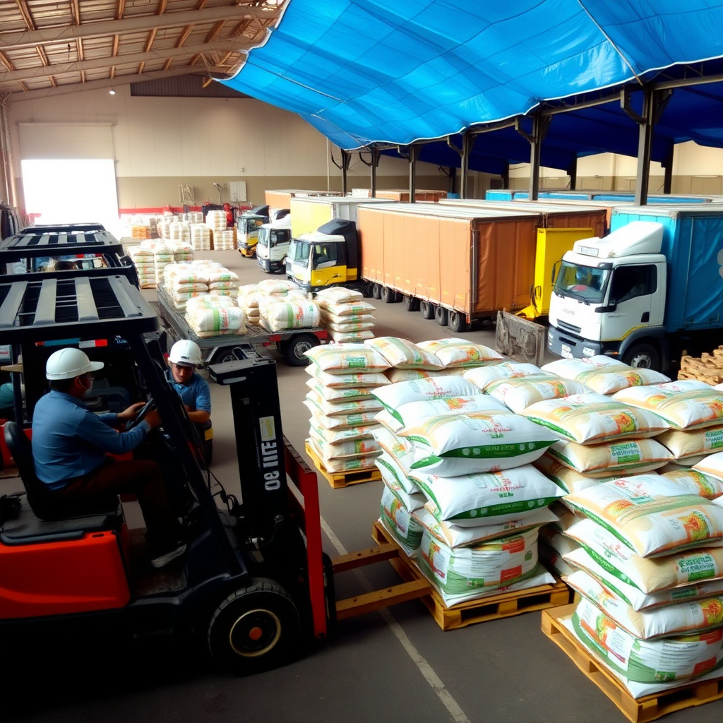 A busy warehouse scene with workers packaging fertilizer bags onto pallets and loading them onto trucks. Show forklifts moving pallets and trucks ready for dispatch. Capture a sense of efficient distribution. Colors: Earthy tones, with blue tarpaulins and yellow machinery for contrast.