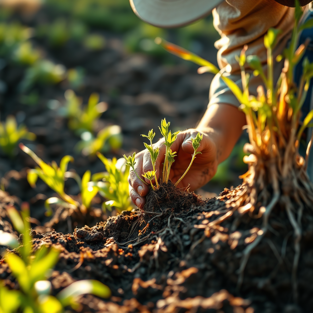 A farmer examining the soil in their field. Show a close-up of the soil structure and plant roots. Use a dramatic lighting effect to highlight the texture and composition of the soil. Color palette: Earthy browns, greens, and golden sunlight.