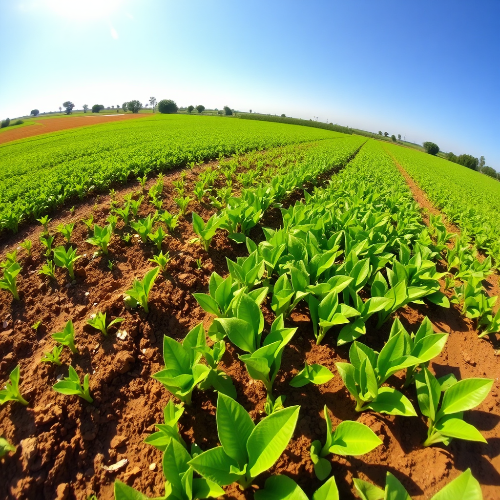 A healthy, thriving farm field with lush green crops and fertile soil. Show a wide angle view, capturing the overall health and productivity of the land. The sun is shining brightly. Colors: Vibrant greens, blues, and golden sunlight.