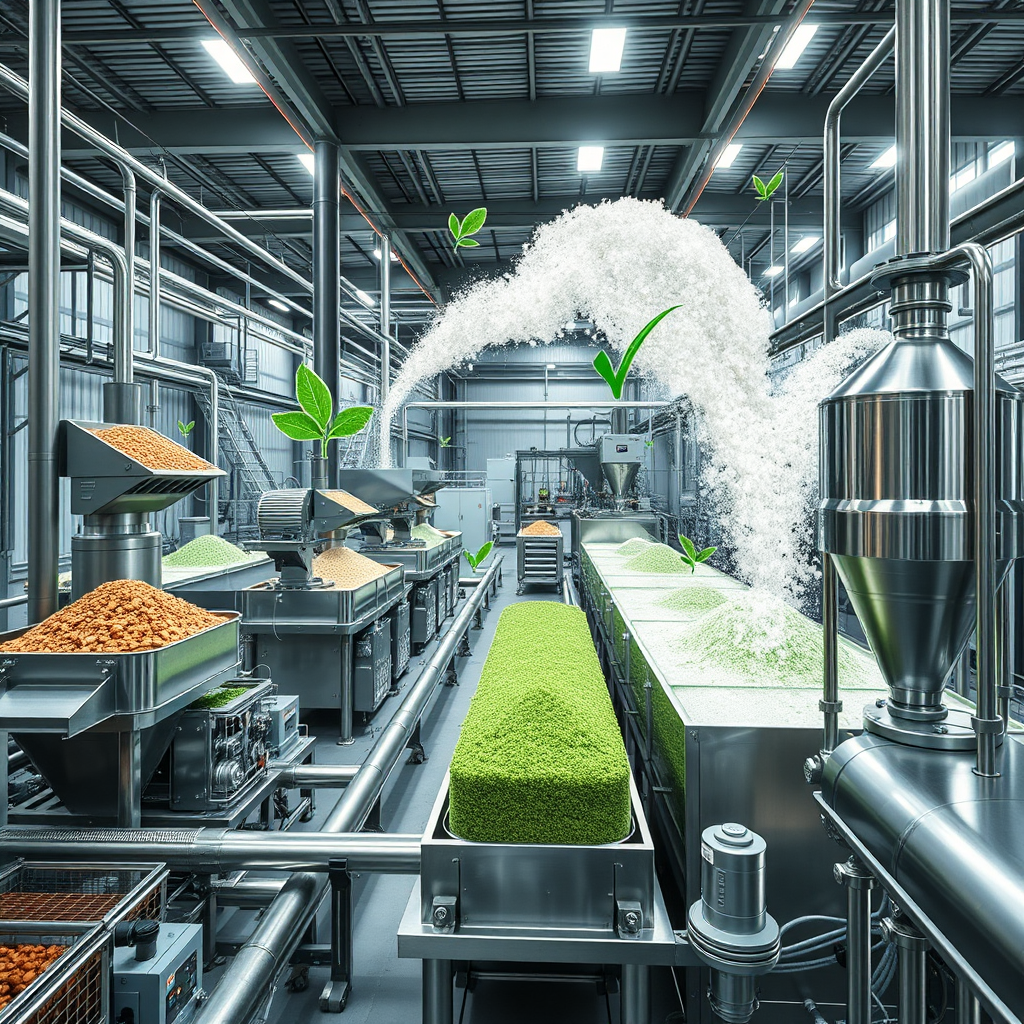 A high-resolution image depicting the various stages of fertilizer manufacturing. Show a visual flow from raw material intake (e.g., mined minerals) through the processing plant (conveyors, crushers) to the blending and packaging stage. Use a combination of real-world machinery and graphical overlays to illustrate the process. Lighting should be bright and industrial, emphasizing the scale and complexity. Consider a wide-angle shot to capture the full scope. Color palette should be a mix of metallic grey, earthy browns, and vibrant greens representing the raw materials and final product.