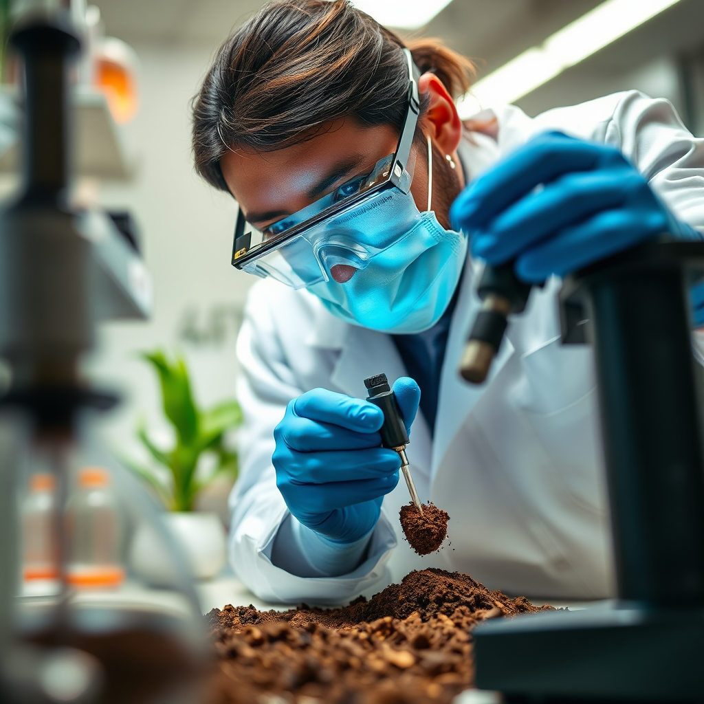 A soil scientist at Anggun Rezeki Farm analyzing a soil sample in a lab. Use a macro lens to capture the details of the soil particles and the instruments used for analysis. The lighting should be clean and scientific, and the color palette should feature the earthy tones of the soil and the cool blues of the lab equipment.