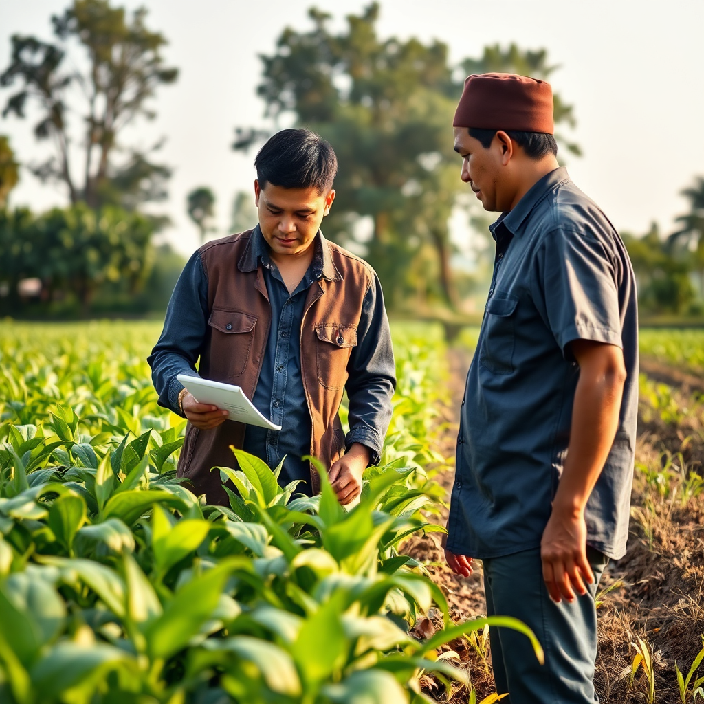 An agronomist from Anggun Rezeki Farm providing advice to a farmer in a field. Show them examining the crops together. The lighting should be warm and natural, and the color palette should feature the greens and browns of the farmland.