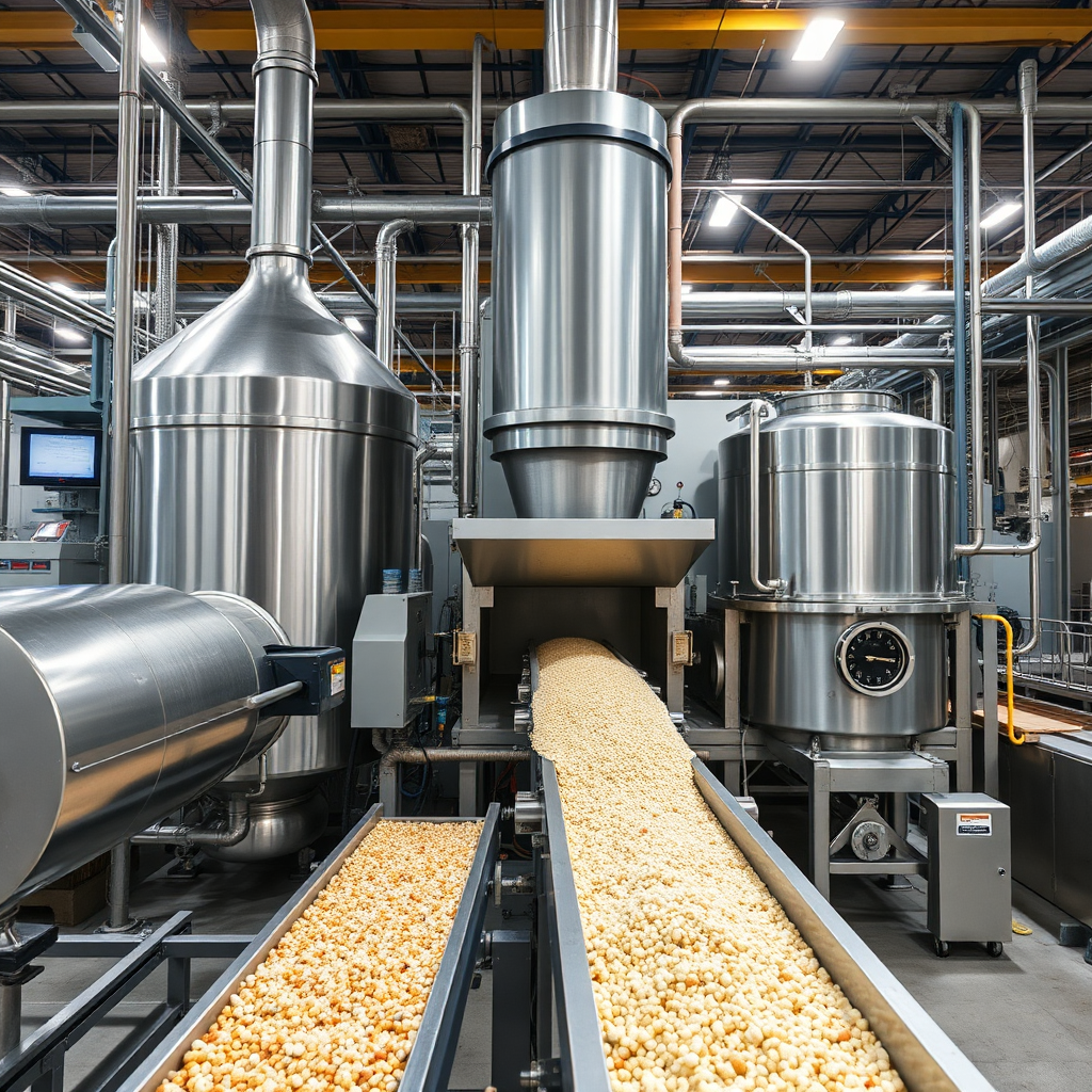 An image of a fertilizer blending and granulation unit inside a manufacturing plant. Show the large-scale machinery with granulated fertilizer emerging. Conveyor belts moving the product. Use industrial lighting to emphasize the scale and efficiency of the process. Colors: Metallic silvers and greys, with the distinct colors of the fertilizer granules.