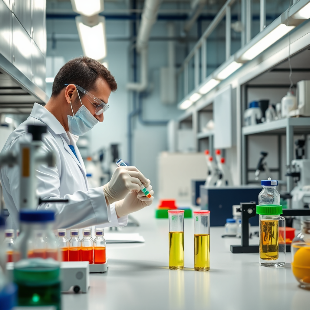 An image of a quality control laboratory within a fertilizer plant. A scientist is performing a chemical test on a fertilizer sample. Lab equipment, test tubes, and analytical instruments are visible in the background. The lighting should be bright and clean, highlighting the precision of the testing process. Color palette: white, blue, and green to represent cleanliness and scientific rigor.