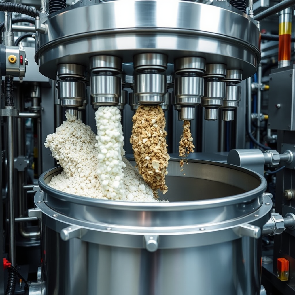 Inside the fertilizer manufacturing plant. Show automated machinery precisely dispensing different raw materials into a mixing drum. The focus is on the accuracy and control of the mixing process. Lighting: Industrial, bright, and clean. Colors: Metallic greys and blues, with the distinct colors of the raw materials.