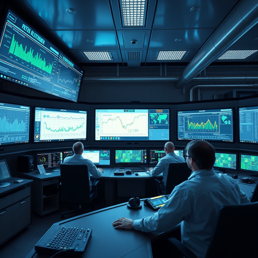 Visualize a fertilizer production plant control room. Several monitors display real-time data, charts, and schematics of the production process. Engineers are monitoring the screens and making adjustments via consoles. Emphasize the use of technology to optimize production. Lighting should be a blend of natural and artificial, with a focus on the glowing screens. A slightly wide angle lens to capture the scope of the control room. Color scheme: deep blues, greens, and greys with the bright highlights from the monitors.